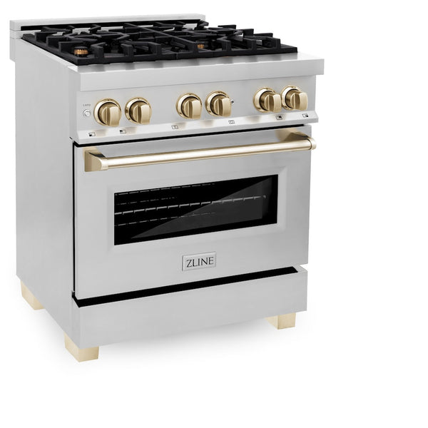 ZLINE Autograph Edition 30 in. 4.0 cu. ft. Legacy Dual Fuel Range with 4 Burner Gas Cooktop and Electric Convection Oven in Stainless Steel and Polished Gold Accents, Open Box-Good Condition