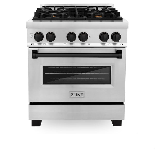 ZLINE Autograph Edition 30 in. 4.0 cu. ft. Legacy Dual Fuel Range with 4 Burner Gas Cooktop and Electric Convection Oven in Stainless Steel and Matte Black Accents, Open Box-Good Condition