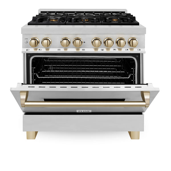ZLINE Autograph Edition 36 in. 4.6 cu. ft. Legacy Dual Fuel Range with 6 Burner Gas Cooktop and Electric Convection Oven in Stainless Steel and Polished Gold Accents, Open Box-Great Condition