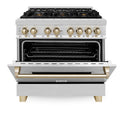 ZLINE Autograph Edition 36 in. 4.6 cu. ft. Legacy Dual Fuel Range with 6 Burner Gas Cooktop and Electric Convection Oven in Stainless Steel and Polished Gold Accents, Open Box-Good Condition