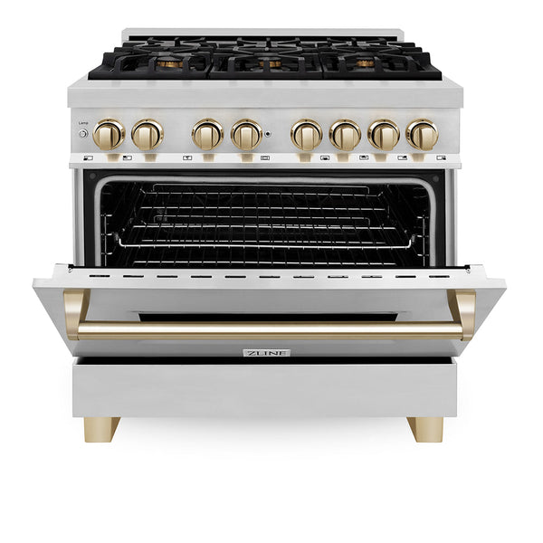 ZLINE Autograph Edition 36 in. 4.6 cu. ft. Legacy Dual Fuel Range with 6 Burner Gas Cooktop and Electric Convection Oven in Stainless Steel and Polished Gold Accents, Open Box-Good Condition