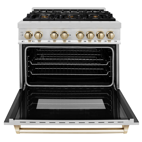 ZLINE Autograph Edition 36 in. 4.6 cu. ft. Legacy Dual Fuel Range with 6 Burner Gas Cooktop and Electric Convection Oven in Stainless Steel and Polished Gold Accents, Open Box-Great Condition