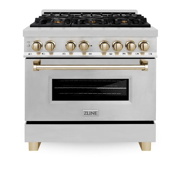 ZLINE Autograph Edition 36 in. 4.6 cu. ft. Legacy Dual Fuel Range with 6 Burner Gas Cooktop and Electric Convection Oven in Stainless Steel and Polished Gold Accents, Open Box-Great Condition