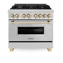 ZLINE Autograph Edition 36 in. 4.6 cu. ft. Legacy Dual Fuel Range with 6 Burner Gas Cooktop and Electric Convection Oven in Stainless Steel and Polished Gold Accents, Open Box-Good Condition