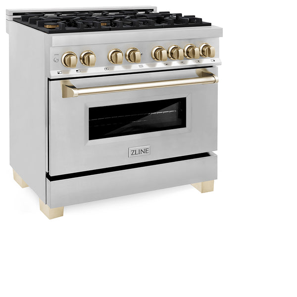 ZLINE Autograph Edition 36 in. 4.6 cu. ft. Legacy Dual Fuel Range with 6 Burner Gas Cooktop and Electric Convection Oven in Stainless Steel and Polished Gold Accents, Open Box-Great Condition