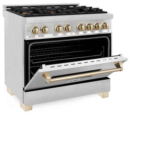 ZLINE Autograph Edition 36 in. 4.6 cu. ft. Legacy Dual Fuel Range with 6 Burner Gas Cooktop and Electric Convection Oven in Stainless Steel and Polished Gold Accents, Open Box-Great Condition