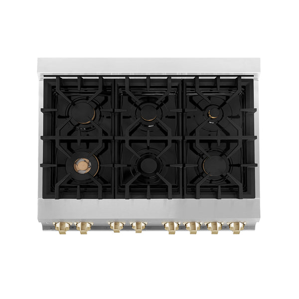 ZLINE Autograph Edition 36 in. 4.6 cu. ft. Legacy Dual Fuel Range with 6 Burner Gas Cooktop and Electric Convection Oven in Stainless Steel and Polished Gold Accents, Open Box-Great Condition