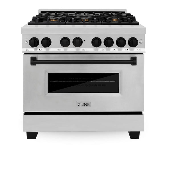 ZLINE Autograph Edition 36 in. 4.6 cu. ft. Legacy Dual Fuel Range with 6 Burner Gas Cooktop and Electric Convection Oven in Stainless Steel and Matte Black Accents, Open Box-Good Condition