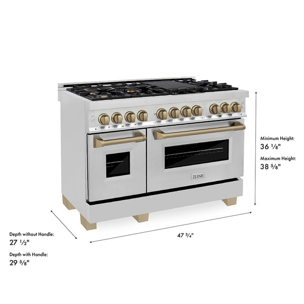 ZLINE Autograph Edition 48 in. 6.0 cu. ft. Legacy Dual Fuel Range with 7 Burner Gas Cooktop and 2 Electric Ovens in Stainless Steel and Champagne Bronze Accents, Open Box-Great Condition