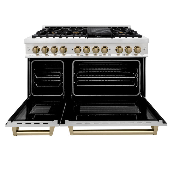 ZLINE Autograph Edition 48 in. 6.0 cu. ft. Legacy Dual Fuel Range with 7 Burner Gas Cooktop and 2 Electric Ovens in Stainless Steel and Champagne Bronze Accents, Open Box-Great Condition
