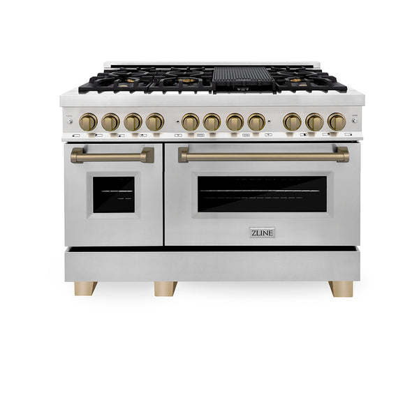 ZLINE Autograph Edition 48 in. 6.0 cu. ft. Legacy Dual Fuel Range with 7 Burner Gas Cooktop and 2 Electric Ovens in Stainless Steel and Champagne Bronze Accents, Open Box-Great Condition