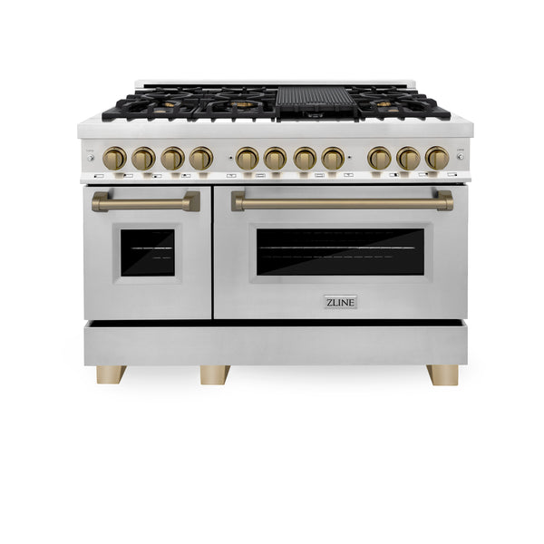 ZLINE Autograph Edition 48 in. 6.0 cu. ft. Legacy Dual Fuel Range with 7 Burner Gas Cooktop and 2 Electric Ovens in Stainless Steel and Champagne Bronze Accents (RAZ-48-CB)