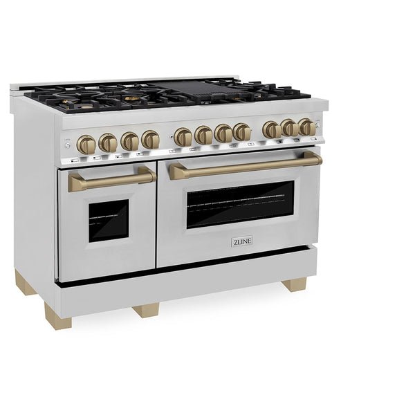 ZLINE Autograph Edition 48 in. 6.0 cu. ft. Legacy Dual Fuel Range with 7 Burner Gas Cooktop and 2 Electric Ovens in Stainless Steel and Champagne Bronze Accents, Open Box-Good Condition