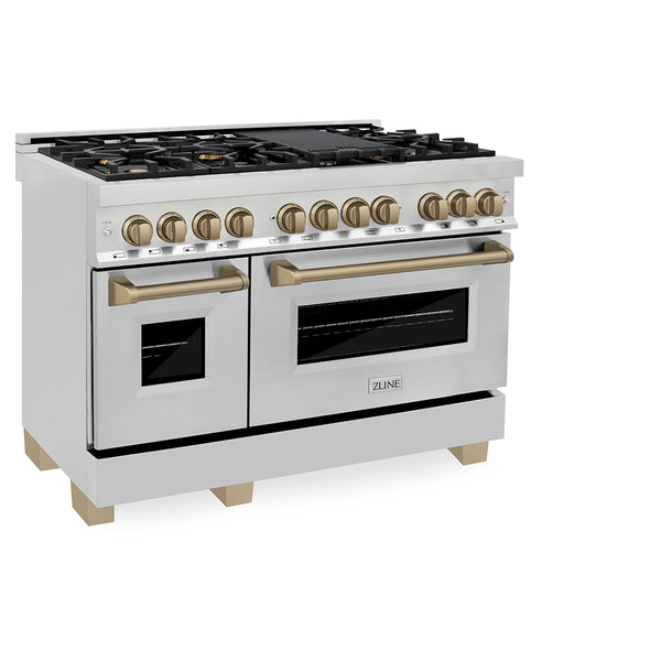 ZLINE Autograph Edition 48 in. 6.0 cu. ft. Legacy Dual Fuel Range with 7 Burner Gas Cooktop and 2 Electric Ovens in Stainless Steel and Champagne Bronze Accents, Open Box-Great Condition