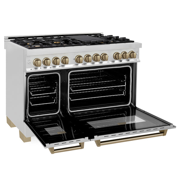 ZLINE Autograph Edition 48 in. 6.0 cu. ft. Legacy Dual Fuel Range with 7 Burner Gas Cooktop and 2 Electric Ovens in Stainless Steel and Champagne Bronze Accents, Open Box-Great Condition