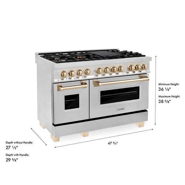 ZLINE Autograph Edition 48 in. 6.0 cu. ft. Legacy Dual Fuel Range with 7 Burner Gas Cooktop and 2 Electric Ovens in Stainless Steel and Polished Gold Accents, Open Box-Great Condition