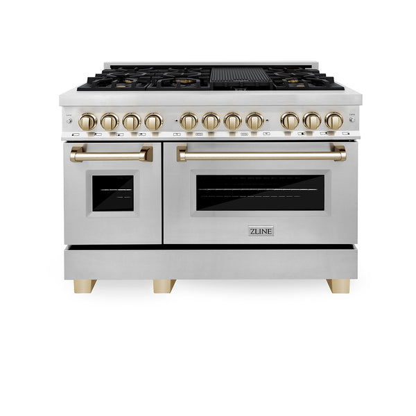 ZLINE Autograph Edition 48 in. 6.0 cu. ft. Legacy Dual Fuel Range with 7 Burner Gas Cooktop and 2 Electric Ovens in Stainless Steel and Polished Gold Accents, Open Box-Great Condition