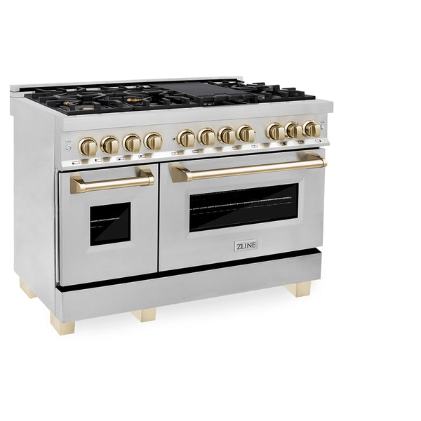ZLINE Autograph Edition 48 in. 6.0 cu. ft. Legacy Dual Fuel Range with 7 Burner Gas Cooktop and 2 Electric Ovens in Stainless Steel and Polished Gold Accents, Open Box-Great Condition