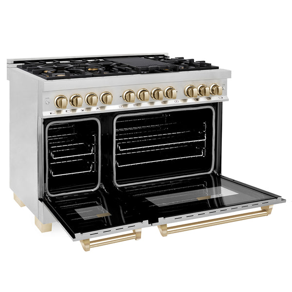 ZLINE Autograph Edition 48 in. 6.0 cu. ft. Legacy Dual Fuel Range with 7 Burner Gas Cooktop and 2 Electric Ovens in Stainless Steel and Polished Gold Accents, Open Box-Great Condition