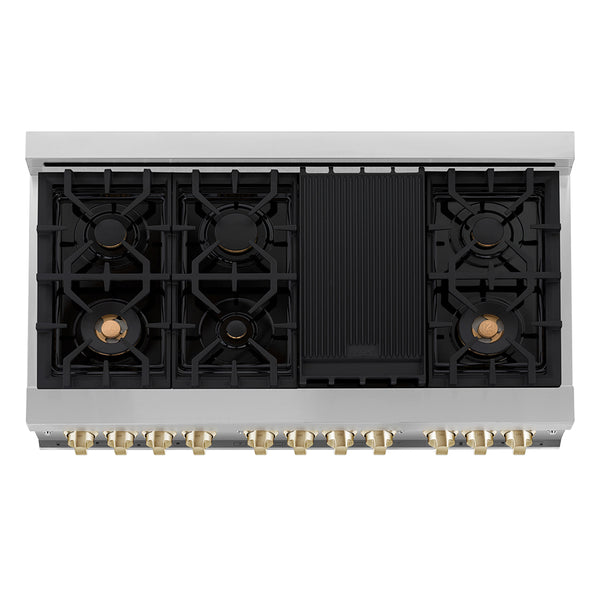 ZLINE Autograph Edition 48 in. 6.0 cu. ft. Legacy Dual Fuel Range with 7 Burner Gas Cooktop and 2 Electric Ovens in Stainless Steel and Polished Gold Accents, Open Box-Great Condition