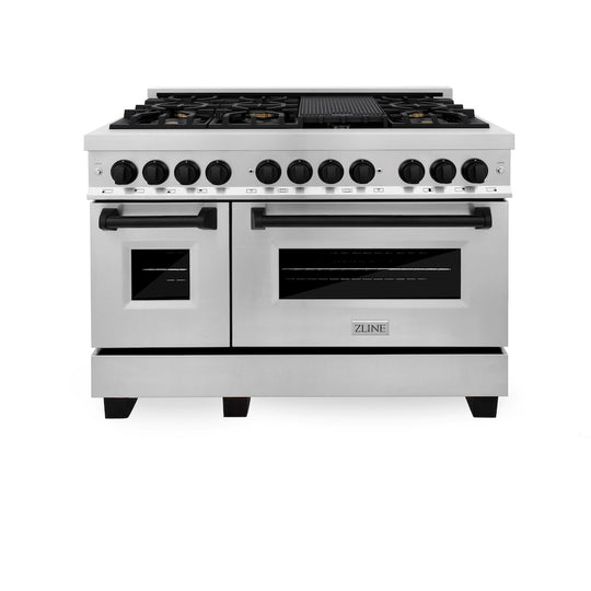 ZLINE Autograph Edition 48 in. 6.0 cu. ft. Legacy Dual Fuel Range with 7 Burner Gas Cooktop and 2 Electric Ovens in Stainless Steel and Matte Black Accents (RAZ-48-MB)