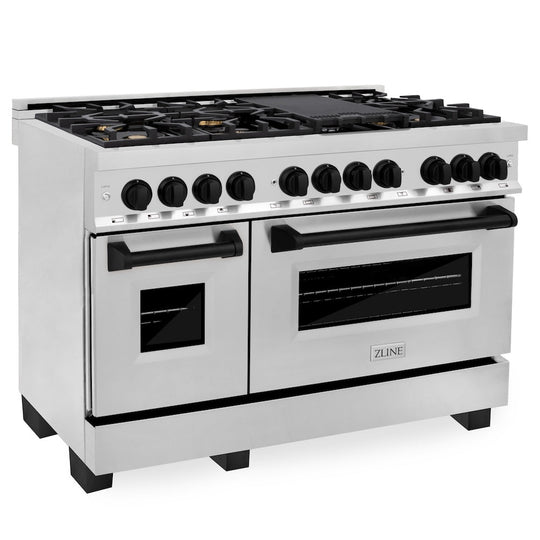ZLINE Autograph Edition 48 in. 6.0 cu. ft. Legacy Dual Fuel Range with 7 Burner Gas Cooktop and 2 Electric Ovens in Stainless Steel and Matte Black Accents, Open Box-Good Condition