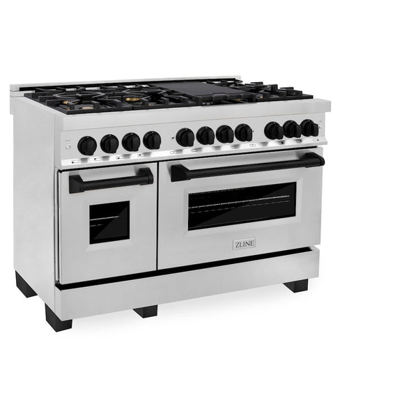 ZLINE Autograph Edition 48 in. 6.0 cu. ft. Legacy Dual Fuel Range with 7 Burner Gas Cooktop and 2 Electric Ovens in Stainless Steel and Matte Black Accents, Open Box-Good Condition