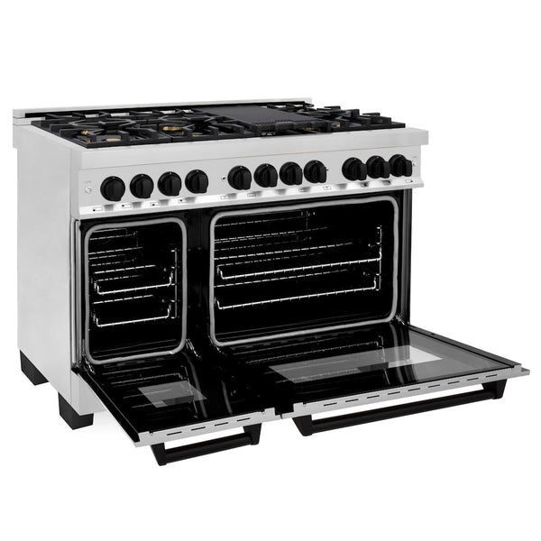 ZLINE Autograph Edition 48 in. 6.0 cu. ft. Legacy Dual Fuel Range with 7 Burner Gas Cooktop and 2 Electric Ovens in Stainless Steel and Matte Black Accents, Open Box-Good Condition