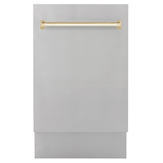 ZLINE Autograph Edition 18” Tallac Series 3rd Rack Top Control Built-In Dishwasher in Stainless Steel with Polished Gold Handle, 51dBa (DWVZ-304-18-G)