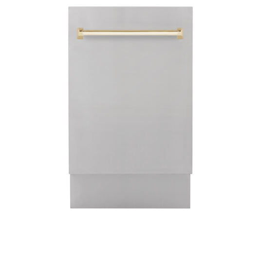 ZLINE Autograph Edition 18 in. Tallac Series 3rd Rack Dishwasher with Auto Door Open Drying, 51dBa, Stainless Steel Panel with Polished Gold Handle (DWVZ-304-18-G)