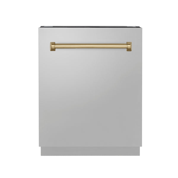 ZLINE Autograph Edition 24 in. Tallac Series 3rd Rack Top Control Built-In Tall Tub Dishwasher in Stainless Steel with Champagne Bronze Handle, 51dBa (DWVZ-304-24-CB)