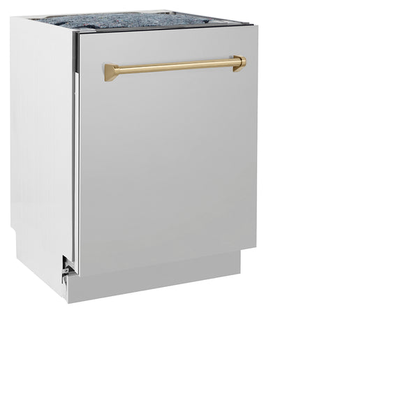 ZLINE Autograph Edition 24 in. Tallac Series 3rd Rack Top Control Built-In Tall Tub Dishwasher in Stainless Steel with Champagne Bronze Handle, 51dBa (DWVZ-304-24-CB)