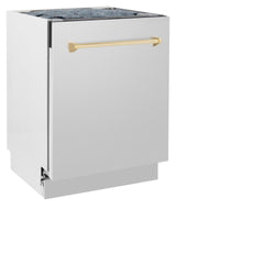 ZLINE Autograph Edition 24" Tallac Series 3rd Rack Top Control Built-In Tall Tub Dishwasher in Stainless Steel with Polished Gold Handle, 51dBa (DWVZ-304-24-G)