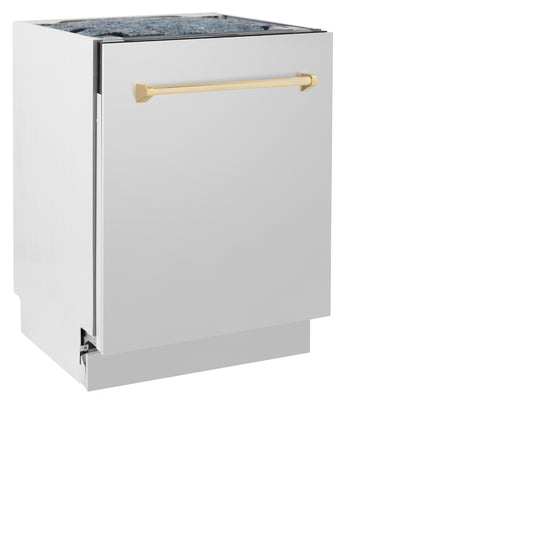 ZLINE Autograph Edition 24" Tallac Series 3rd Rack Top Control Built-In Tall Tub Dishwasher in Stainless Steel with Polished Gold Handle, 51dBa (DWVZ-304-24-G)