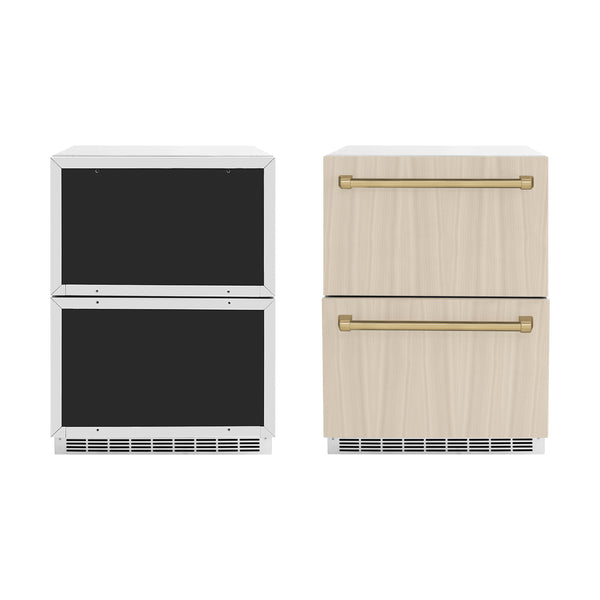 ZLINE Autograph Edition 24 in. Touchstone 168 Can Outdoor-Rated Dual Refrigerator Drawer with Panel-Ready Doors and Champagne Bronze Handles (RDSPOZ-24-CB)