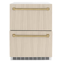 ZLINE Autograph Edition 24 in. Touchstone 168 Can Outdoor-Rated Dual Refrigerator Drawer with Panel-Ready Doors and Champagne Bronze Handles (RDSPOZ-24-CB)