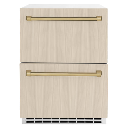 ZLINE Autograph Edition 24 in. Touchstone 168 Can Outdoor-Rated Dual Refrigerator Drawer with Panel-Ready Doors and Champagne Bronze Handles (RDSPOZ-24-CB)