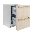 ZLINE Autograph Edition 24 in. Touchstone 168 Can Outdoor-Rated Dual Refrigerator Drawer with Panel-Ready Doors and Champagne Bronze Handles (RDSPOZ-24-CB)