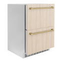 ZLINE Autograph Edition 24 in. Touchstone 168 Can Outdoor-Rated Dual Refrigerator Drawer with Panel-Ready Doors and Champagne Bronze Handles (RDSPOZ-24-CB)