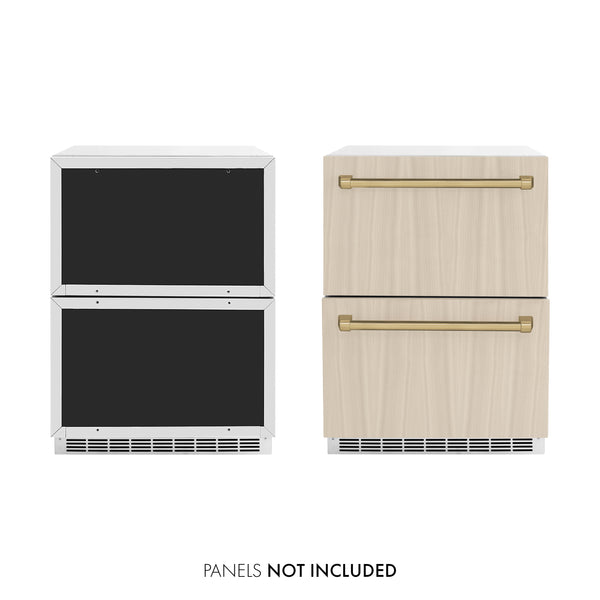 ZLINE Autograph Edition 24 in. Touchstone 168 Can Outdoor-Rated Dual Refrigerator Drawer with Panel-Ready Doors and Champagne Bronze Handles (RDSPOZ-24-CB)