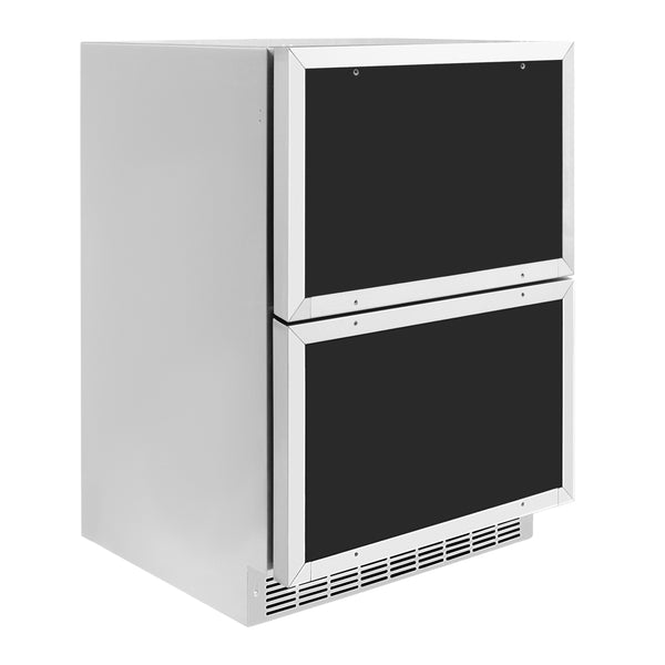 ZLINE Autograph Edition 24 in. Touchstone 168 Can Outdoor-Rated Dual Refrigerator Drawer with Panel-Ready Doors and Polished Gold Handles (RDSPOZ-24-G)