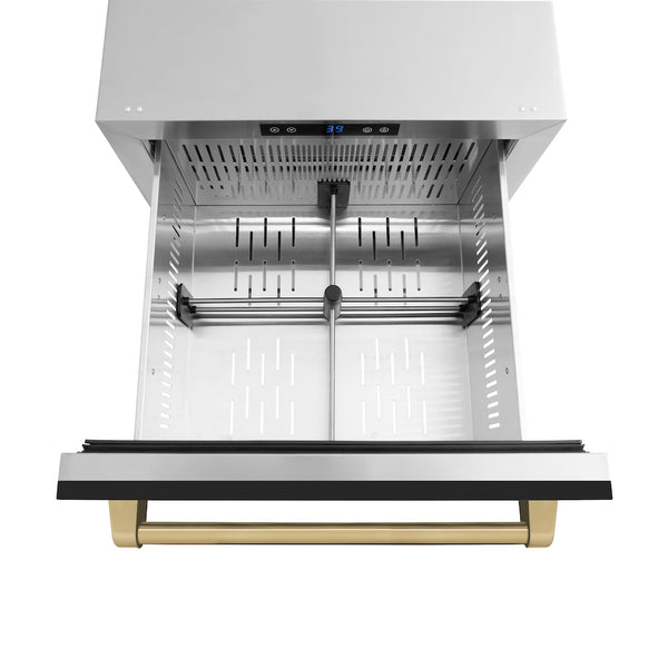 ZLINE Autograph Edition 24 in. Touchstone 168 Can Outdoor-Rated Dual Refrigerator Drawer with Black Matte Doors and Champagne Bronze Handles (RDSOZ-BLM-24-CB)