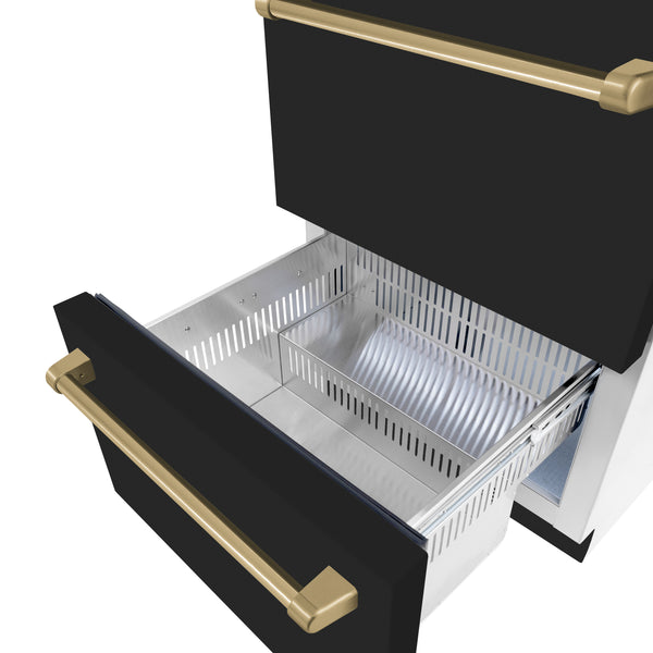 ZLINE Autograph Edition 24 in. Touchstone 168 Can Outdoor-Rated Dual Refrigerator Drawer with Black Matte Doors and Champagne Bronze Handles (RDSOZ-BLM-24-CB)