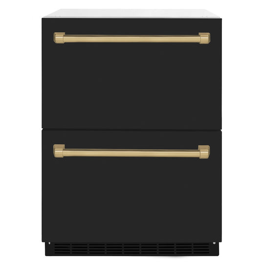 ZLINE Autograph Edition 24 in. Touchstone 168 Can Outdoor-Rated Dual Refrigerator Drawer with Black Matte Doors and Champagne Bronze Handles (RDSOZ-BLM-24-CB)