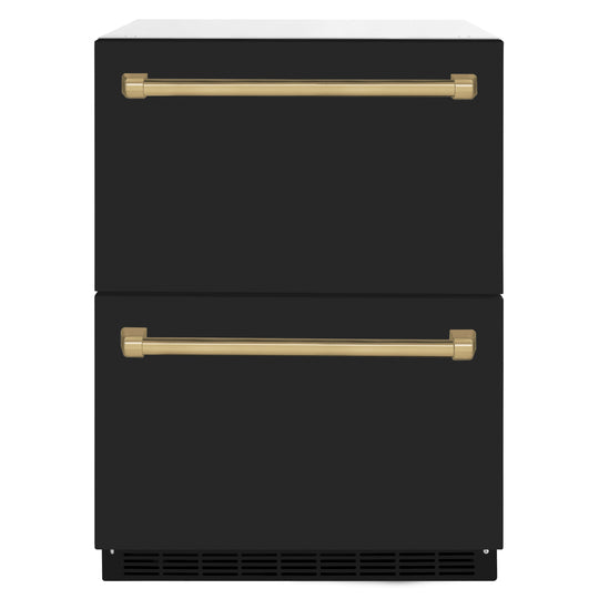 ZLINE Autograph Edition 24 in. Touchstone 168 Can Outdoor-Rated Dual Refrigerator Drawer with Black Matte Doors and Champagne Bronze Handles (RDSOZ-BLM-24-CB)
