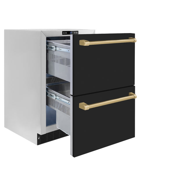 ZLINE Autograph Edition 24 in. Touchstone 168 Can Outdoor-Rated Dual Refrigerator Drawer with Black Matte Doors and Champagne Bronze Handles (RDSOZ-BLM-24-CB)