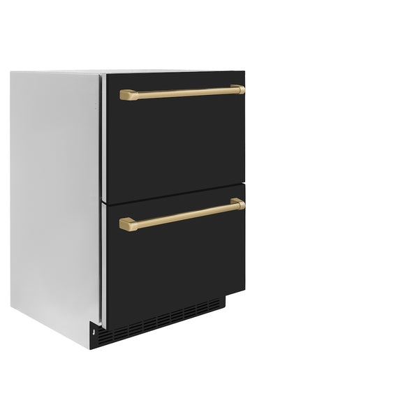 ZLINE Autograph Edition 24 in. Touchstone 168 Can Outdoor-Rated Dual Refrigerator Drawer with Black Matte Doors and Champagne Bronze Handles (RDSOZ-BLM-24-CB)