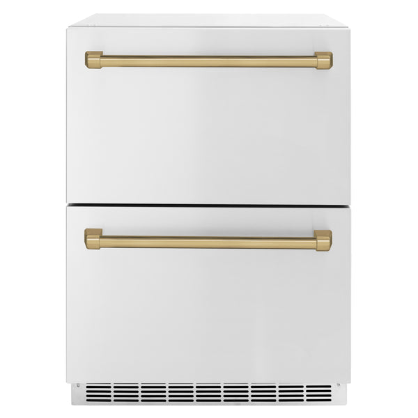 ZLINE Autograph Edition 24 in. Touchstone 168 Can Outdoor-Rated Dual Refrigerator Drawer with Stainless Steel Doors and Champagne Bronze Handles (RDSOZ-ST-24-CB)