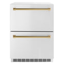 ZLINE Autograph Edition 24 in. Touchstone 168 Can Outdoor-Rated Dual Refrigerator Drawer with Stainless Steel Doors and Polished Gold Handles (RDSOZ-ST-24-G)