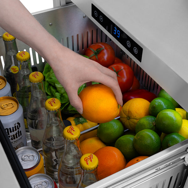 ZLINE Autograph Edition 24 in. Touchstone 168 Can Outdoor-Rated Dual Refrigerator Drawer with Stainless Steel Doors and Champagne Bronze Helix Handles (RDSOZ-ST-24-KCB)